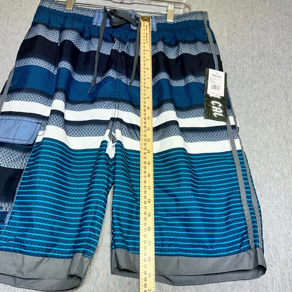 Tru Cal Mens Board Shorts Aqua Blue Striped Swim Trunks Cargo Pocket Size L NWT